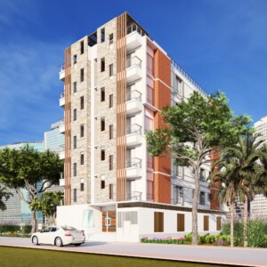A stunning view of a residential building illuminated at sunset, adding to the architectural beauty Residential building exterior at sunset with warm lighting